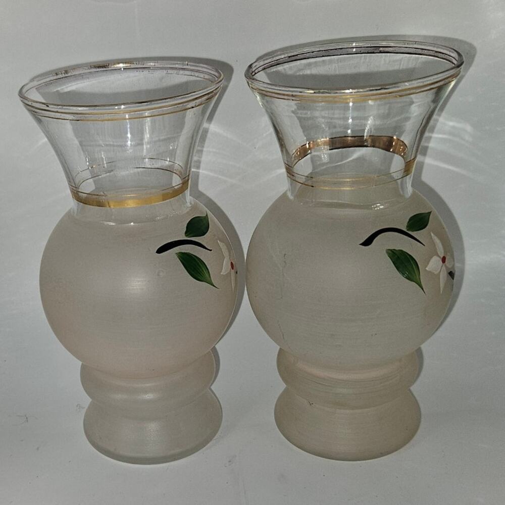 Vintage Frosted Glass Floral Bud Vases Gold Trim – Pair 6" Tall - Picture 4 of 8